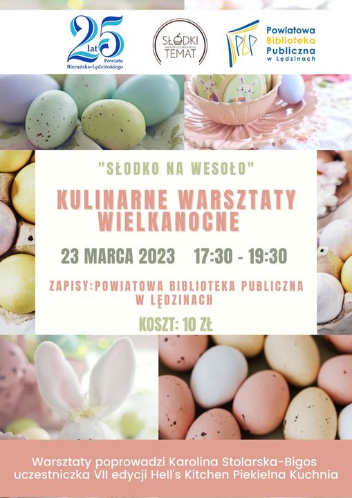 Plakat w pastelowych odcieniach z motywemm jajek wielkanocnych i białego zająca.